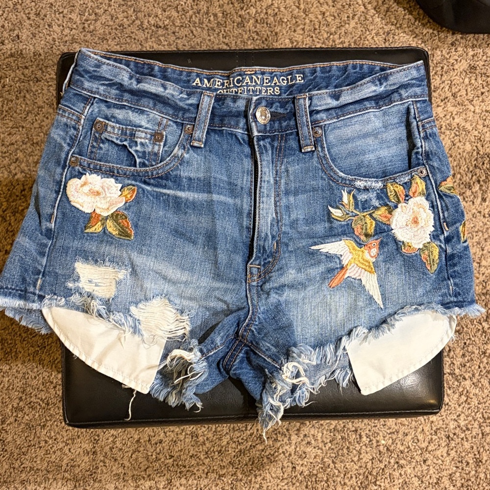 American Eagle Outfitters Floral Embroidered Jean Shorts
